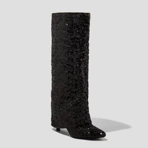 Women's Abba Sequin Foldover Heeled Boots - A New Day Black 6